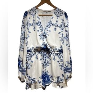 Lovers + Friends Navy and White Floral Paisley Prarie Long Sleeve Romper Medium